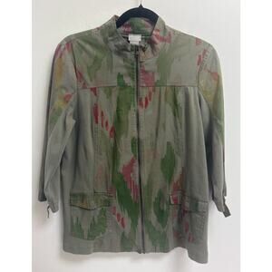 Chico's Zenergy Women Size 1 (M 8/10)‎ Green Multicolor Zip Front Utility Jacket